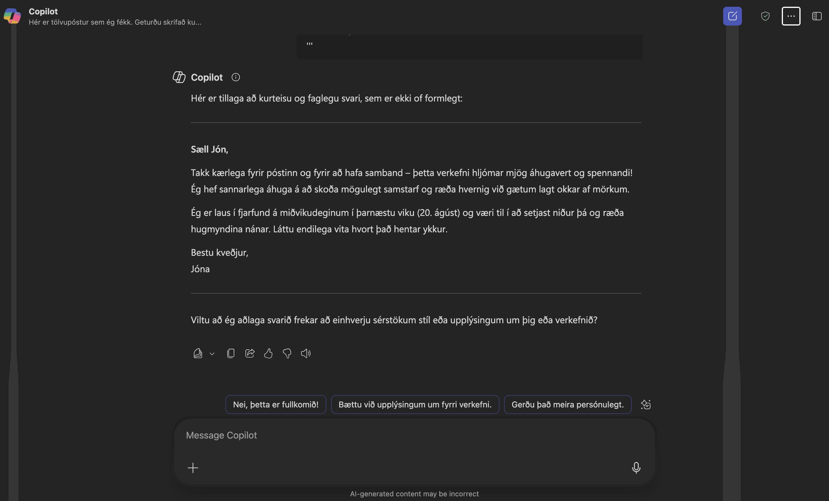 Microsoft Copilot email example